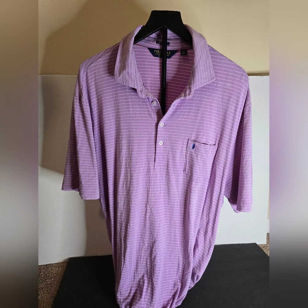 POLO RALPH LAUREN GOLF SHIRT XL LAVENDER WHITE STRIPED LISLE STRETCH COTTON MENS - Picture 1 of 6